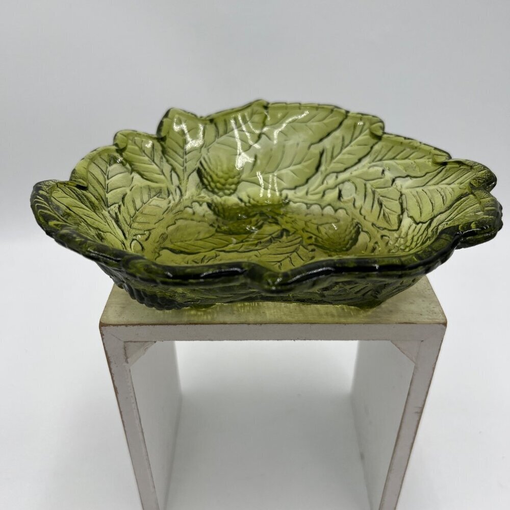 Vintage Olive Green Carnival Indiana Glass Logan Berry Leaves Candy Dish / Bowl